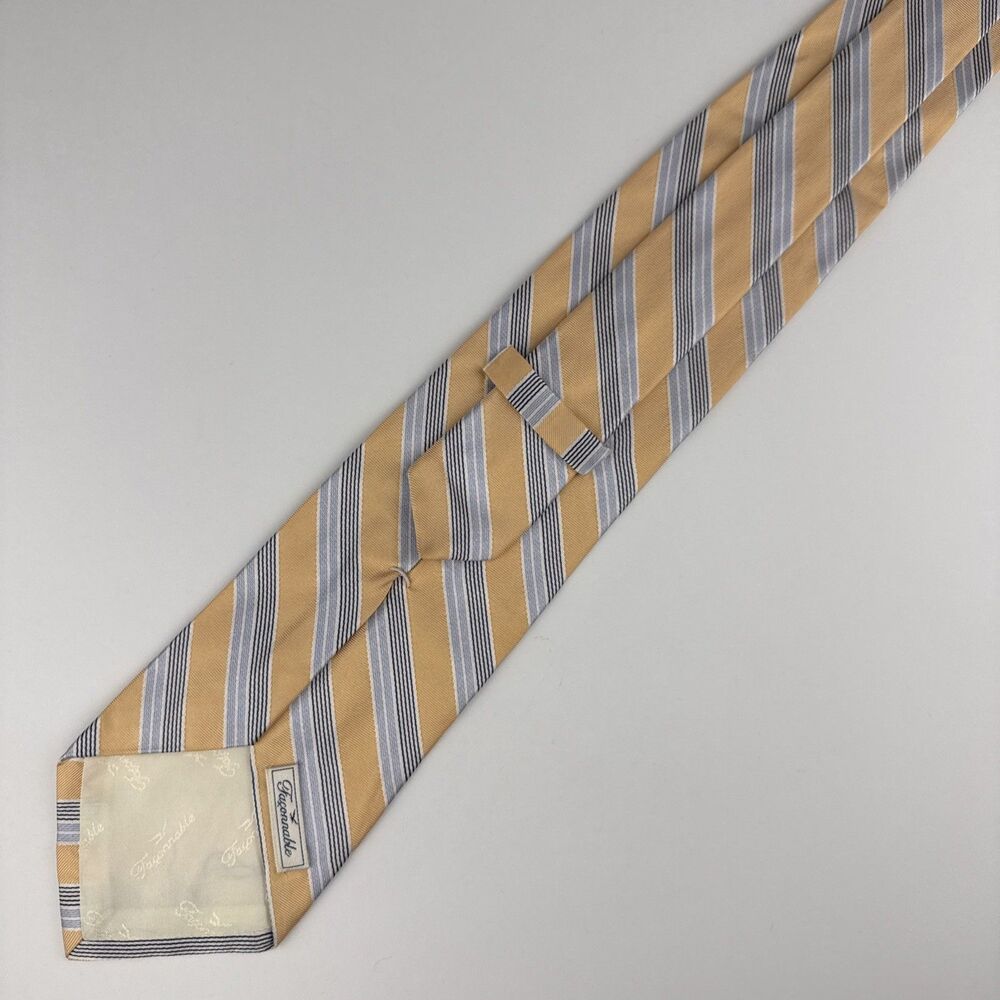Italian Designer Faconnable Men's Gold Blue White 100% Silk Woven Necktie